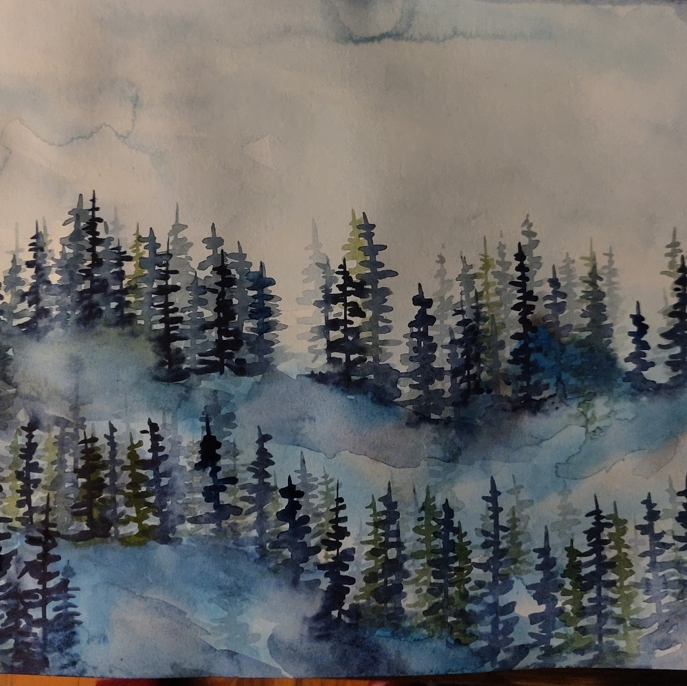 Foggy Watercolor Painting trees